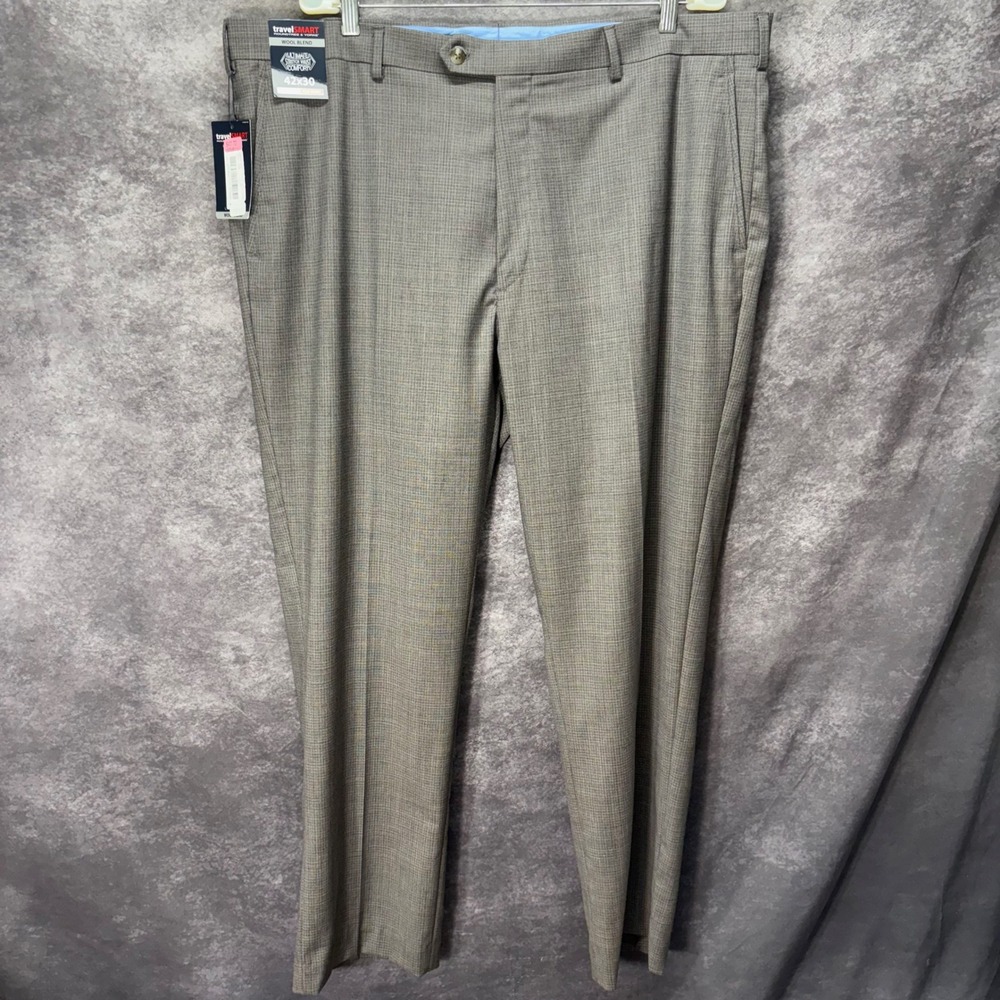 Roundtree & Yorke TravelSmart Wool Blend Pants Mens 42x30 Plaid Flat Front